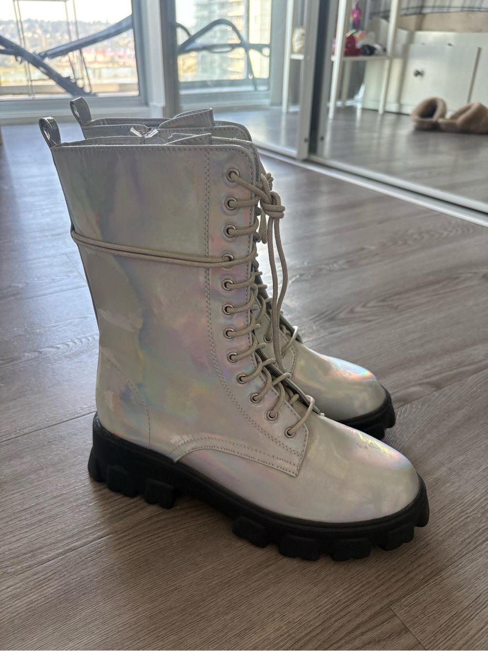 iHeartRaves Iridescent Lace-Up Combat Boots with Black Lug Sole